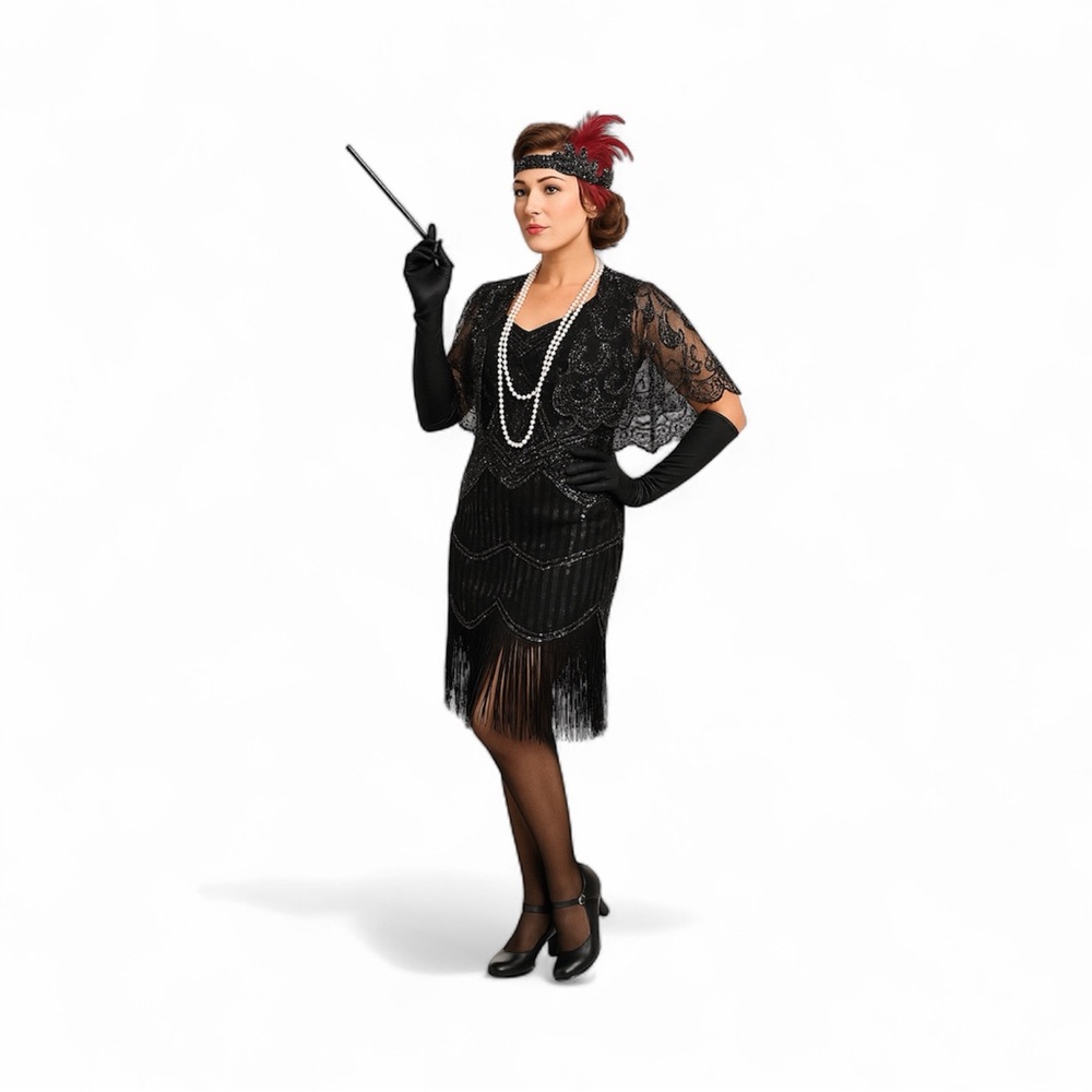 Ro Rox Norma 1920s Flapper Dress & Gatsby Accessory Set Black Silver | Small